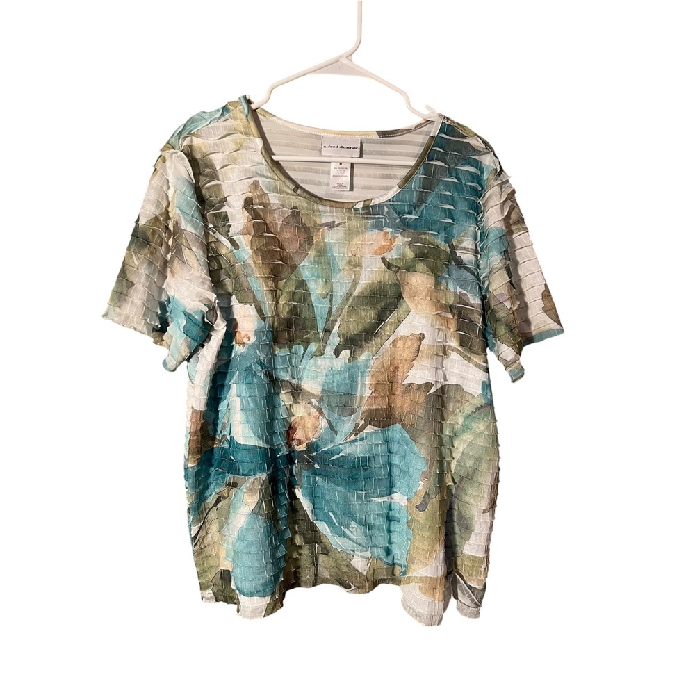 Alfred Dunner Women's Size Medium Tiered Blouse White Teal Green Tropical Floral